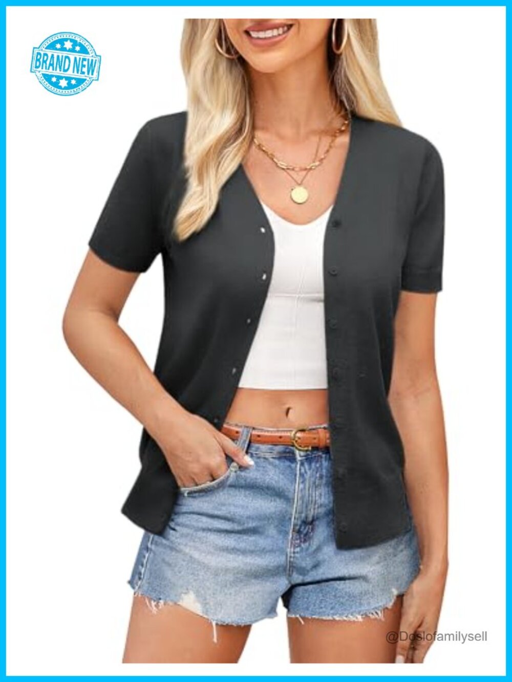 Women's Short Sleeve V-Neck Button Down Cropped Cardigan Summer Knit Top